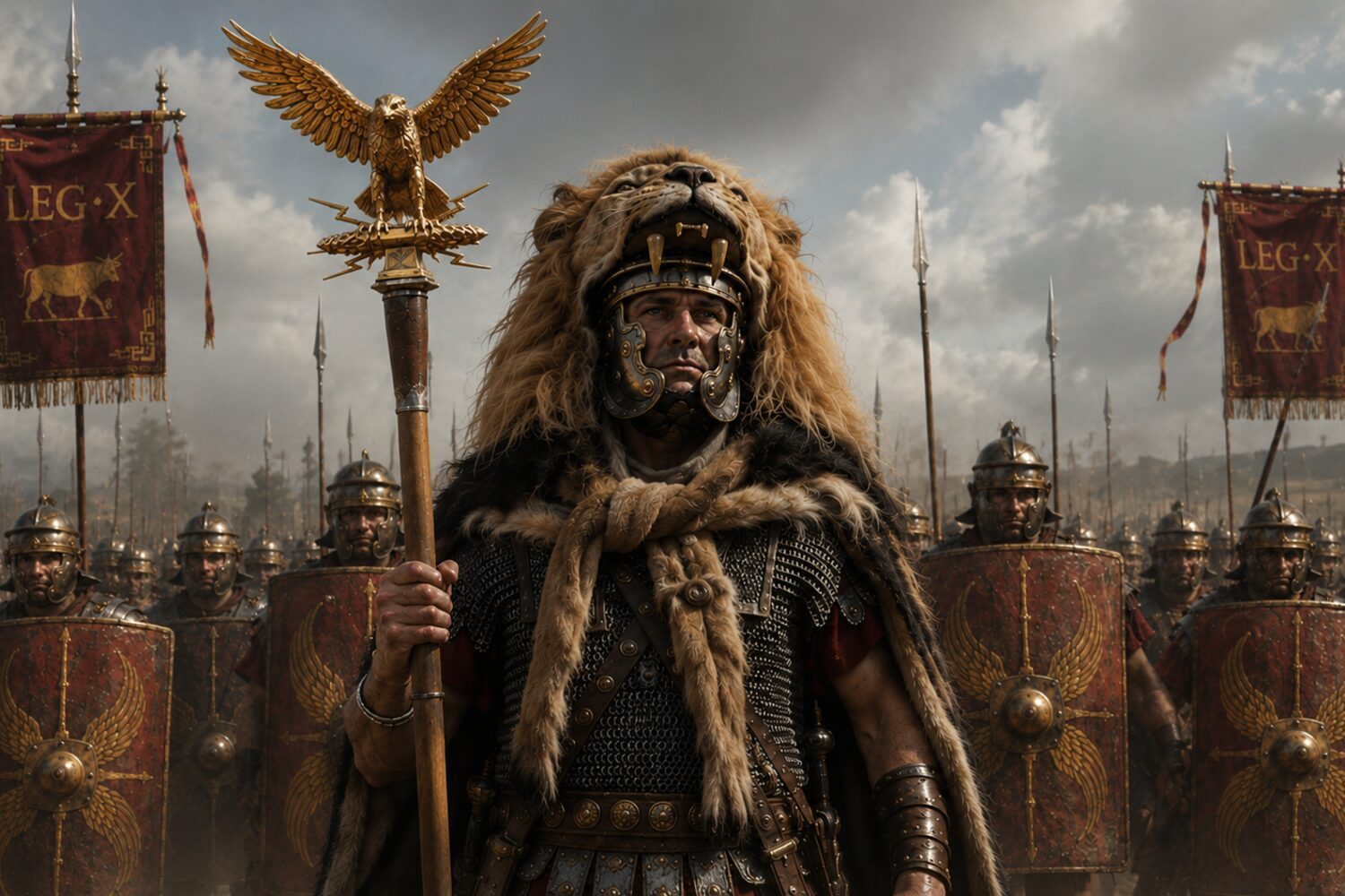 The aquilifer of the Tenth under the lion skin, carrying the one object in a legion that was never allowed to go down.