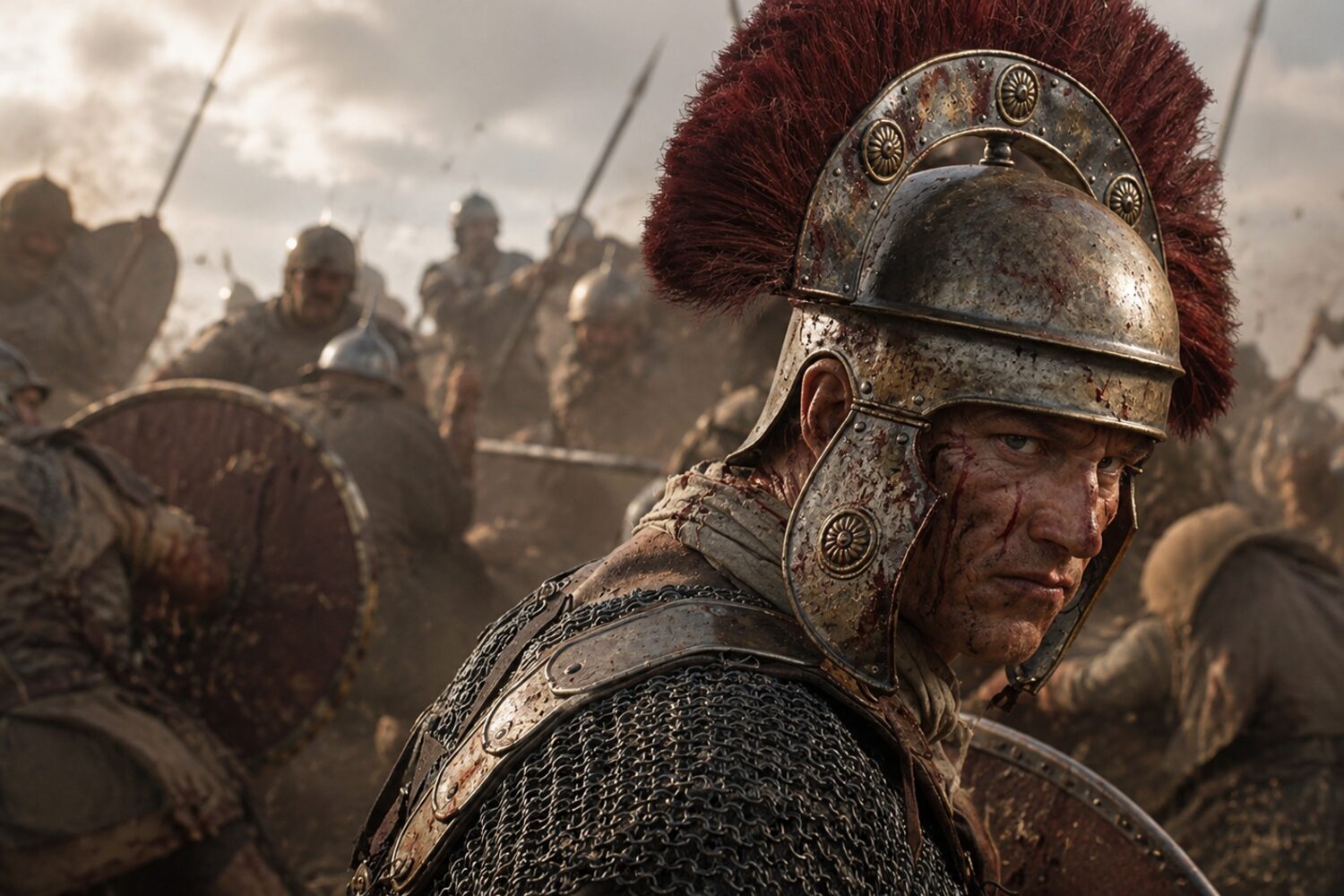 A centurion in the line rather than on parade: the crest still across the helmet, and close enough to see what the work cost.