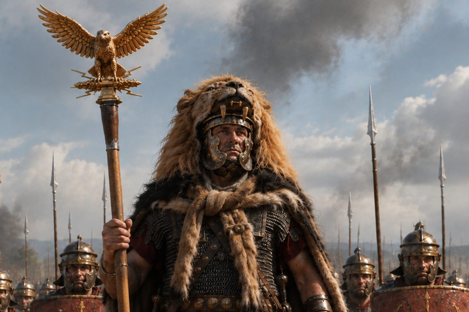 A Roman eagle bearer in a lion skin, holding the gold eagle standard up above the ranks of Legio X