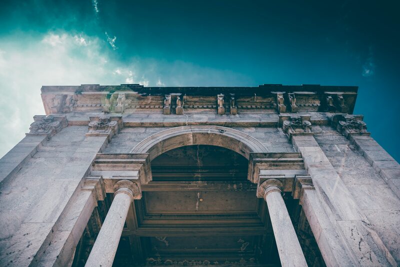 Roman stone: a temple front from below