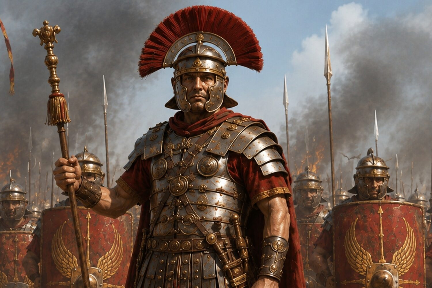 The transverse crest, worn across the helmet rather than along it, so that eighty men could find him in a line.