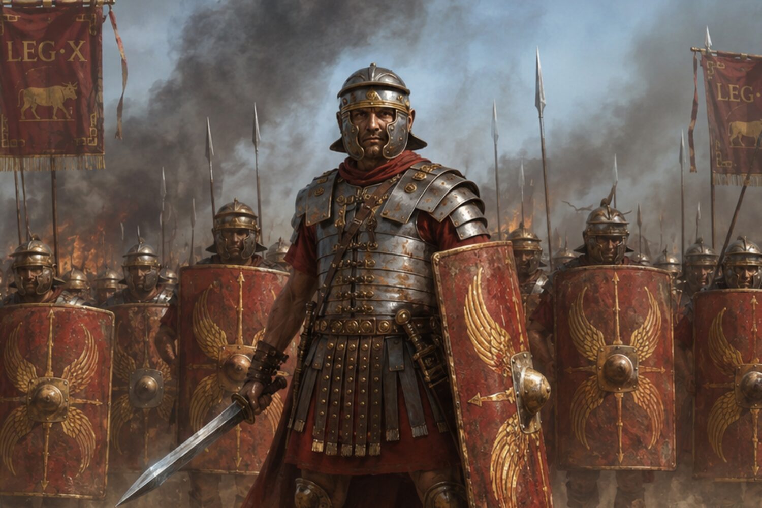 The line of the Tenth, and the ranker who stood in it: mail, shield, gladius, and seven men either side.
